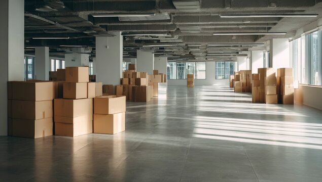 Office relocation Cardboard boxes in empty modern office space, sunlight streaming through large windows.  Use Real estate, moving