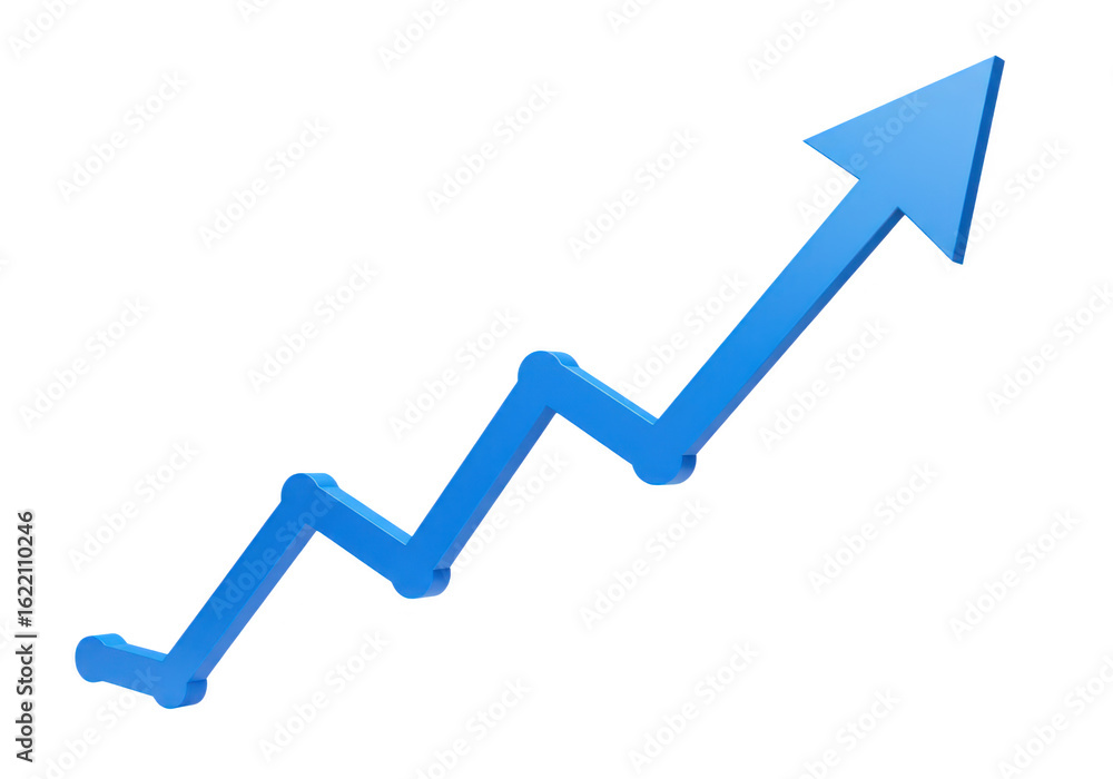 Poster a blue threedimensional arrow graph shows a steady upward trend with distinct points along its path 