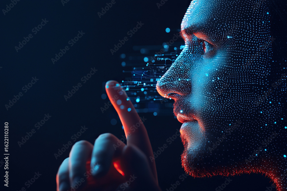 Poster digital portrait of person with futuristic design, featuring glowing data points and thoughtful expr