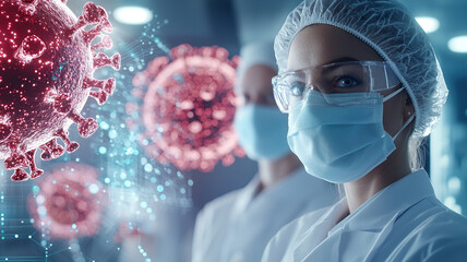 Medical professional wearing protective gear, focused on COVID 19 virus visualization, showcasing advanced healthcare technology and research