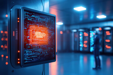 Futuristic technology display with glowing circuits, showcasing advanced data processing modern server room. atmosphere is high tech