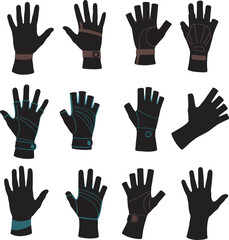Obraz premium Collection of professional glove silhouettes featuring tactical, sports, fingerless, and winter glove icons with adjustable wrist straps in black flat style isolated on white background.