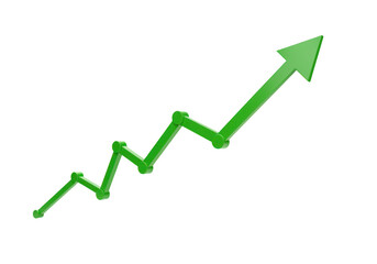 A green upward trending arrow graph on a transparent background symbolizing growth and success in business and finance
