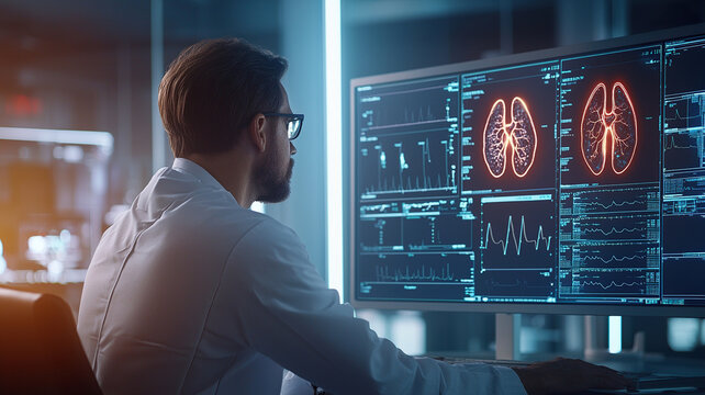 Healthcare professional analyzes medical data on computer screen, showcasing lung images and various health metrics in modern medical environment