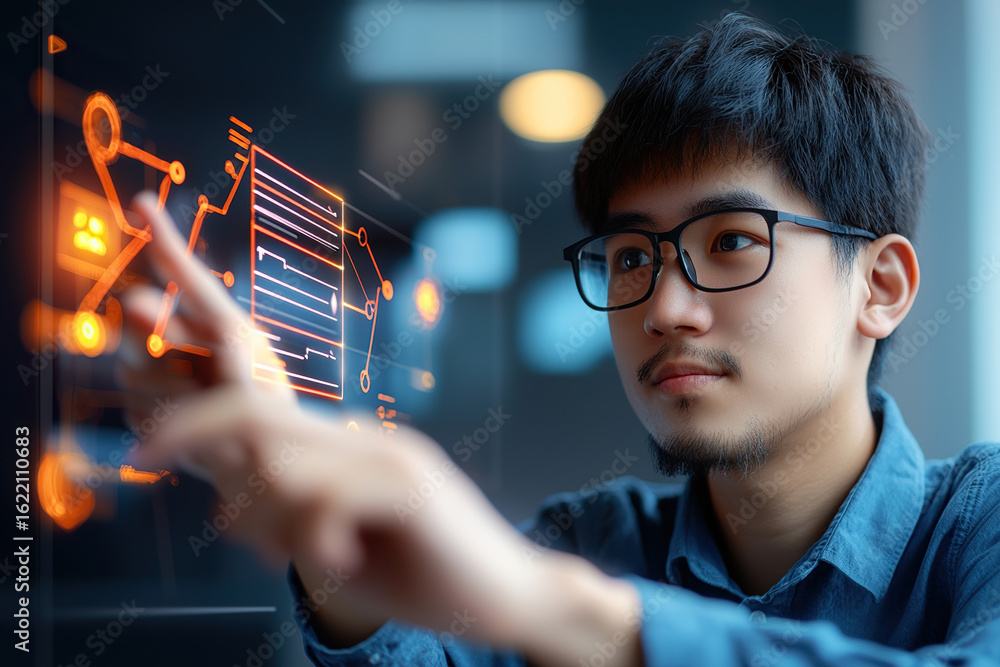 Poster innovative young man interacting with digital interface, showcasing technology and data visualizatio
