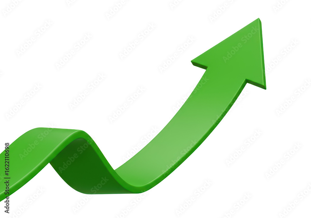 Poster a bright green arrow curves upwards symbolizing growth success and positive progress in a clean isol