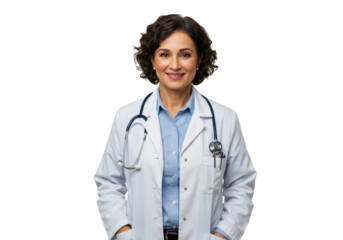 A friendly and confident middleaged female doctor wearing a white lab coat and stethoscope smiles warmly at the camera isolated on transparent