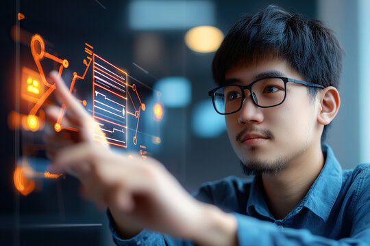 Innovative young man interacting with digital interface, showcasing technology and data visualization in modern workspace - Powered by Adobe