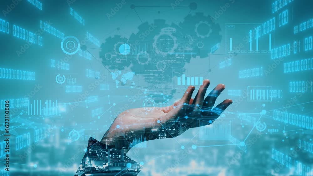 Poster a captivating image of a hand reaching out amidst a sea of digital elements including graphs and cha