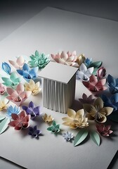 Paper crafted miniature house surrounded by colorful handmade paper flowers display