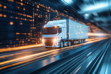 Fast moving truck digital highway, symbolizing logistics and emergency response optimization. image conveys speed and efficiency transportation