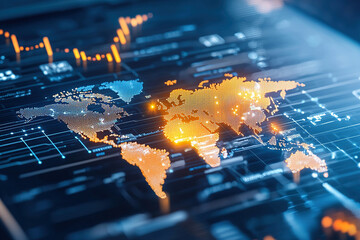 Digital world map with glowing connections and data visualization, representing global economic planning and technology trends