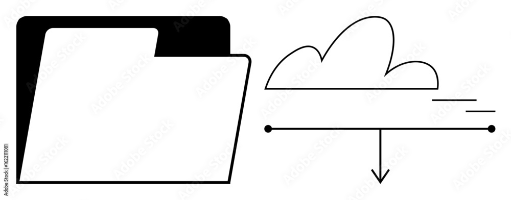 Poster file folder linked to a cloud illustration with downward arrow symbolizing data transfer, cloud stor