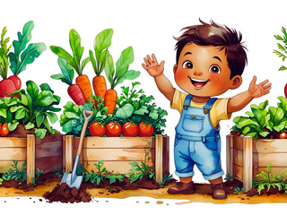 Cute Watercolor Kid Gardening Scene with Fresh Produce
