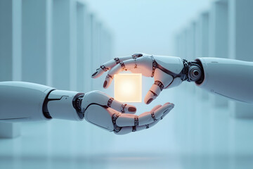 Robot Hands Holding Glowing Cube Symbolizing Innovation Technology