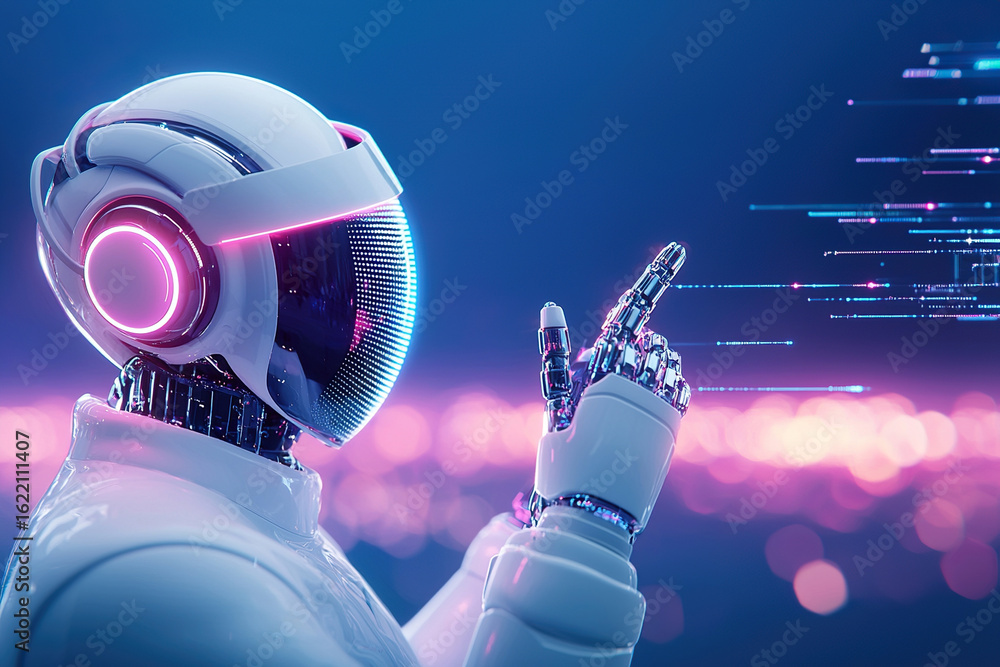 Aufkleber futuristic robot with sleek design and glowing accents interacts with digital data streams, showcasi