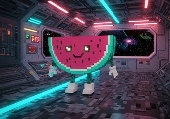 Pixelated watermelon character in a futuristic neon space station