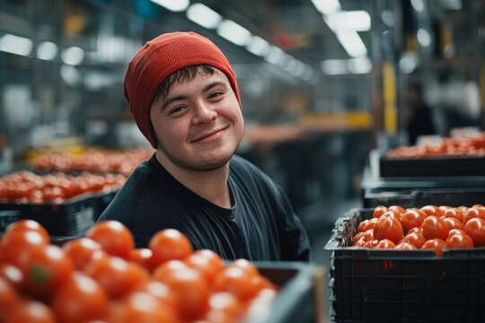 Young man with Down syndrome working as a cleaner in a hospital, having a friendly conversation with a nurse, representing the integration of individuals with disabilities into, Generative AI