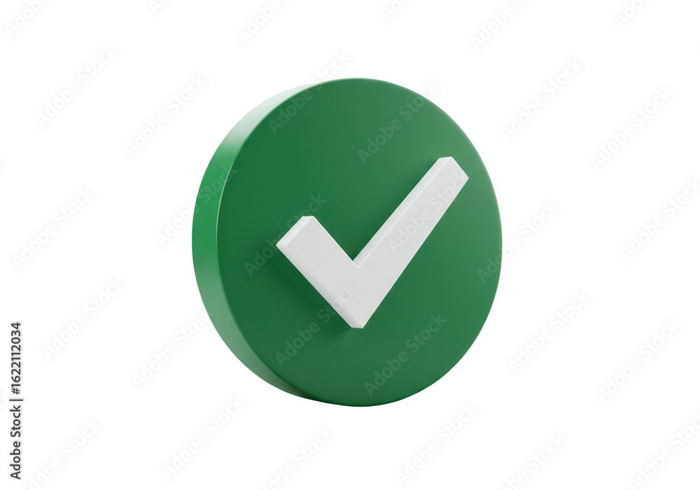 Poster a 3d rendered green circle with a white check mark inside is presented against a clean transparent b