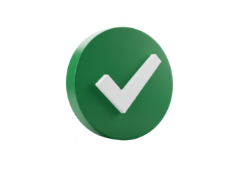 A 3d rendered green circle with a white check mark inside is presented against a clean transparent background symbolizing approval and correctness
