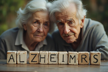 Senior Couple with Blocks Spelling Out Word on Table
