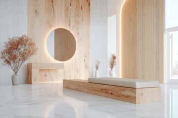 Modern minimalist interior featuring light wood and beige