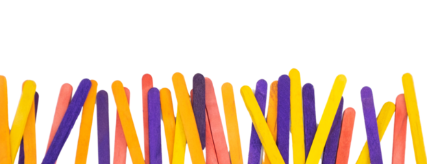 Colorful ice cream sticks stacked in an abstract arrangement on a white background, perfect for craft projects and creative designs