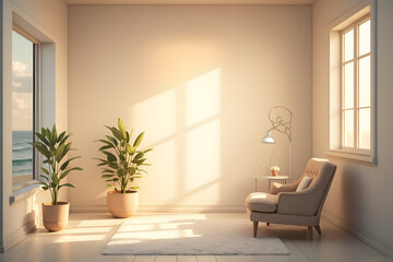 Living Room with Ocean View, Plants, and Armchair in Natural Sunlight