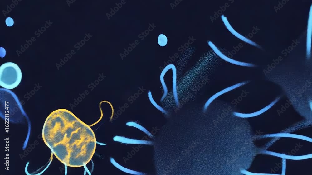 Poster microscopic view of colorful bacteria and viruses floating in dark environment