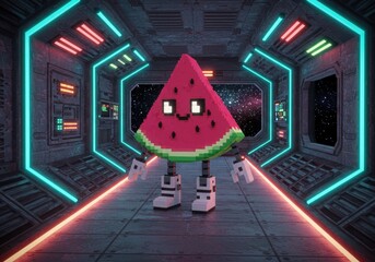 Cute pixelated watermelon character in a futuristic neon spaceship corridor