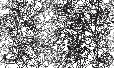 Abstract chaotic scribble lines – black and white messy hand-drawn tangled line pattern,.
