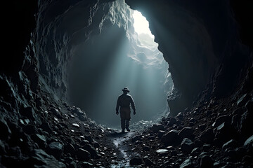 Exploring a Dark Cave with Light Rays and Rocky Terrain