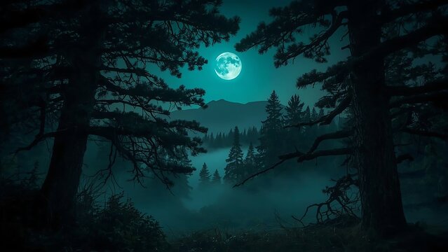 Full moon over a misty forest with tall trees and mountain silhouettes at night