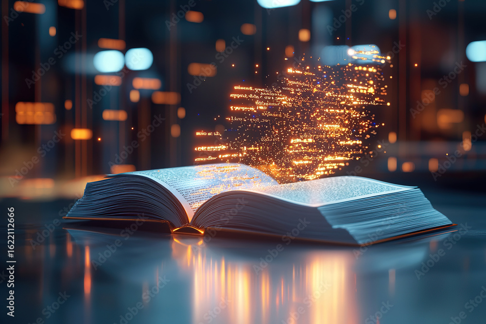 Aufkleber open book with glowing text and sparkling particles, symbolizing magic of storytelling and knowledge