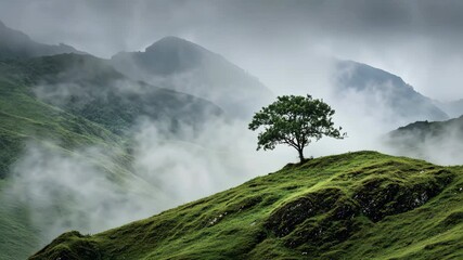 Green tree on a hill with fog and mist in a mountain landscape, 4k video - Powered by Adobe