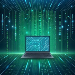  Futuristic digital scene with a laptop surrounded by glowing binary code.
