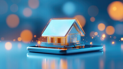 Digital house model displayed on smartphone, illuminated with glowing lights, represents modern technology and innovation in real estate