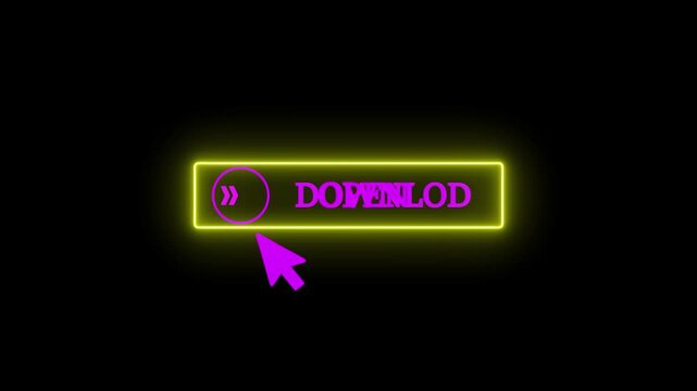 Neon download button with cursor pointer clicking on a play icon in a glowing yellow rectangle on