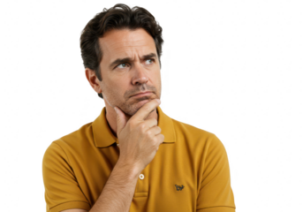 A middleaged man with brown hair and a beard is deep in thought resting his chin on his hand and looking upwards with a serious expression isolated on a