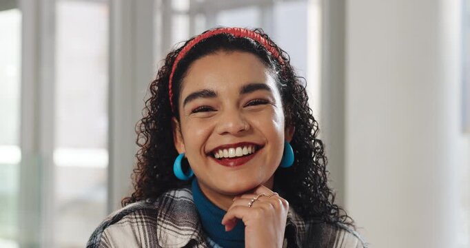 Face, creative and happy business woman in office as magazine editor with ambition. Portrait, smile and professional worker with confidence, pride and publication intern laughing in startup in Spain