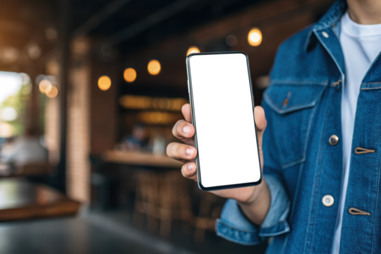 Person in denim jacket holding a black screen smartphone in a cafe