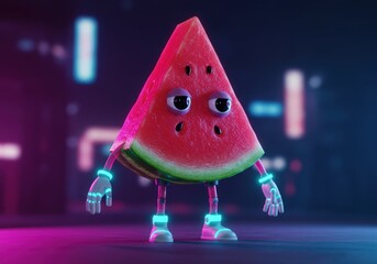 Funny anthropomorphic watermelon character with glowing neon accents