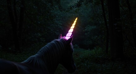Enigmatic Unicorn: Glowing Horn in Dark Forest