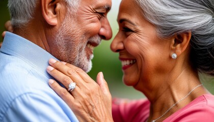 Senior couple sharing loving glance, holding hands while standing outdoors, expressing deep emotional connection and enduring partnership