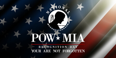 September is POW MIA Recognition Day. People, american flag and light. Suitable for posters, banners and social media. Black background.