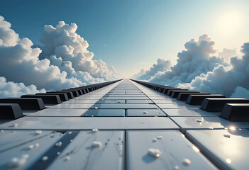A Piano Keyboard Pathway Through the Clouds. A breathtaking perspective of a piano keyboard stretching into the distance, high above fluffy white clouds against a vibrant blue sky.