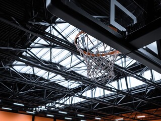 Basketball hoop in modern indoor arena