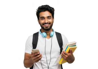 A smiling young indian student with headphones books and a phone stands ready for learning against a transparent background