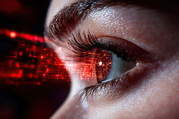 Close up of human eye reflecting digital matrix with red tones, showcasing technology and emotion in futuristic setting