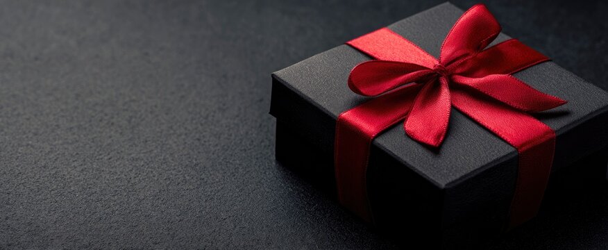 Elegant black gift box with red ribbon on dark surface; romantic surprise, festive background; ideal for holiday promotions